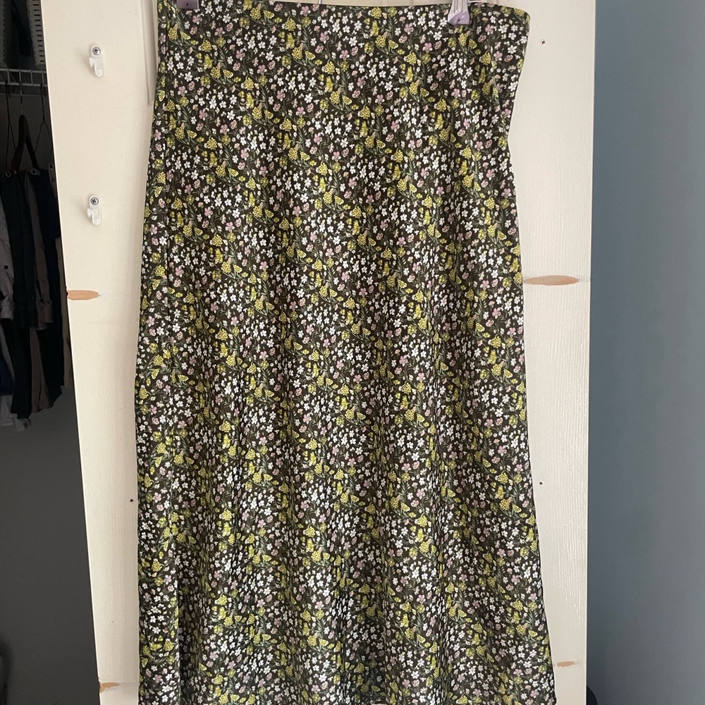 J. Crew Green Floral Silk Midi Skirt